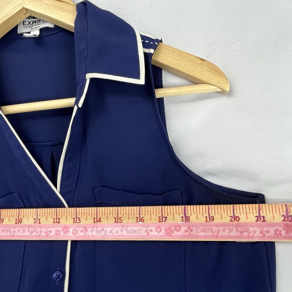 Express Portofino Sleeveless Blouse Navy White Trim Button Front Size S - Picture 7 of 12